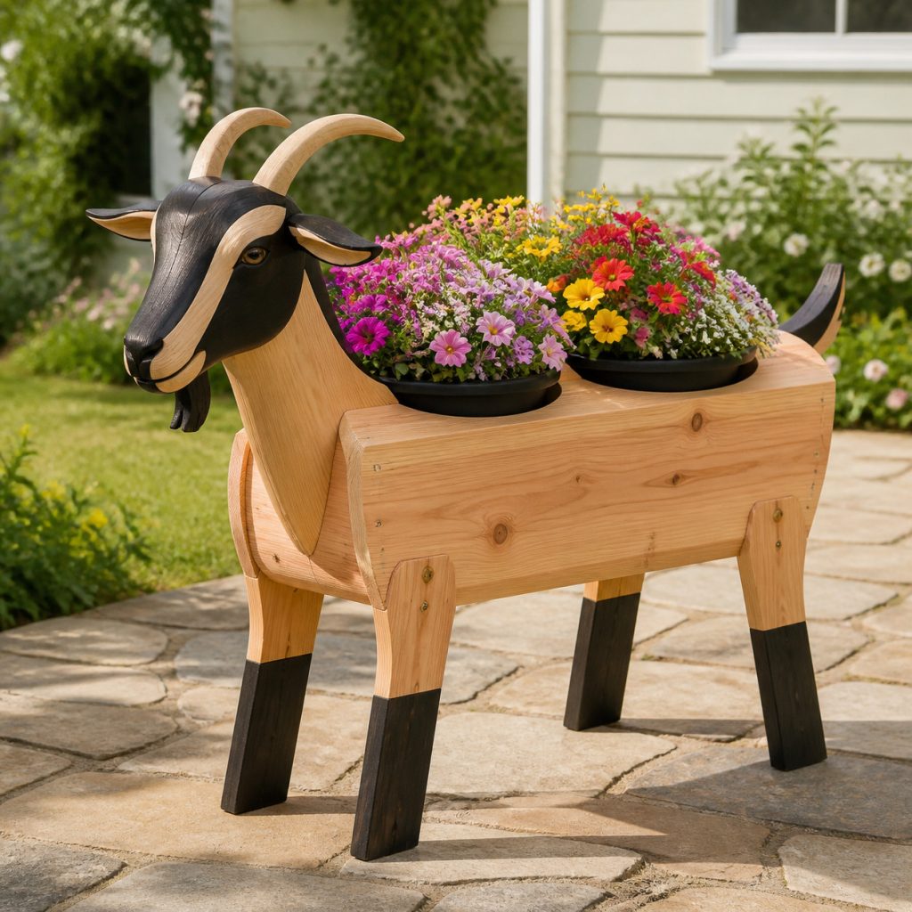 Two-Tone Dark-Faced Goat shown as a square photorealistic cedar garden planter filled with cottage flowers