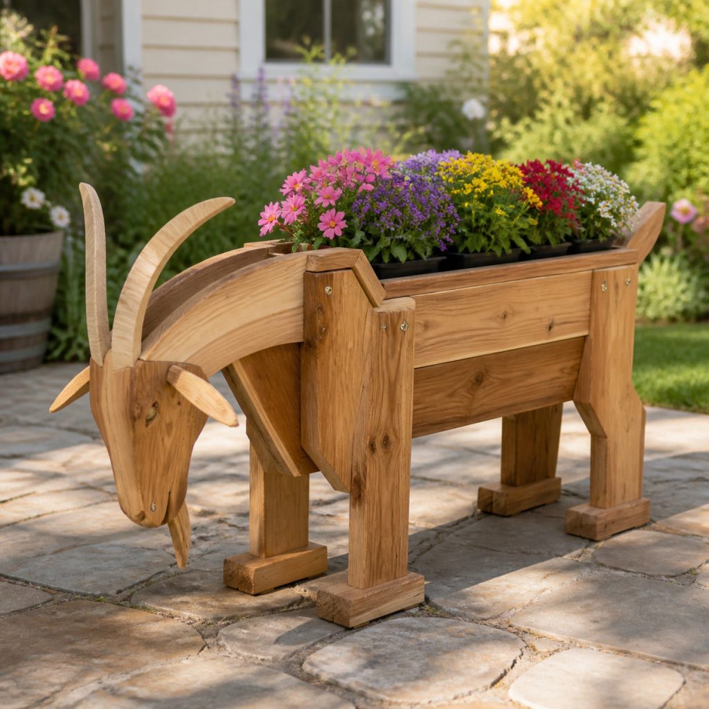 Low Grazing Goat Planter shown as a square photorealistic cedar garden planter filled with cottage flowers