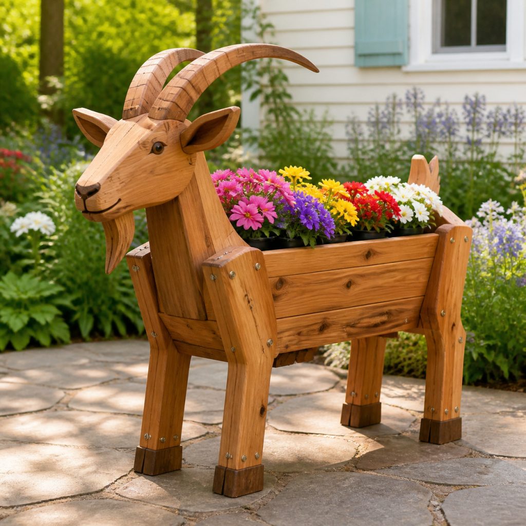 Curved-Horn Billy Goat shown as a square photorealistic cedar garden planter filled with cottage flowers