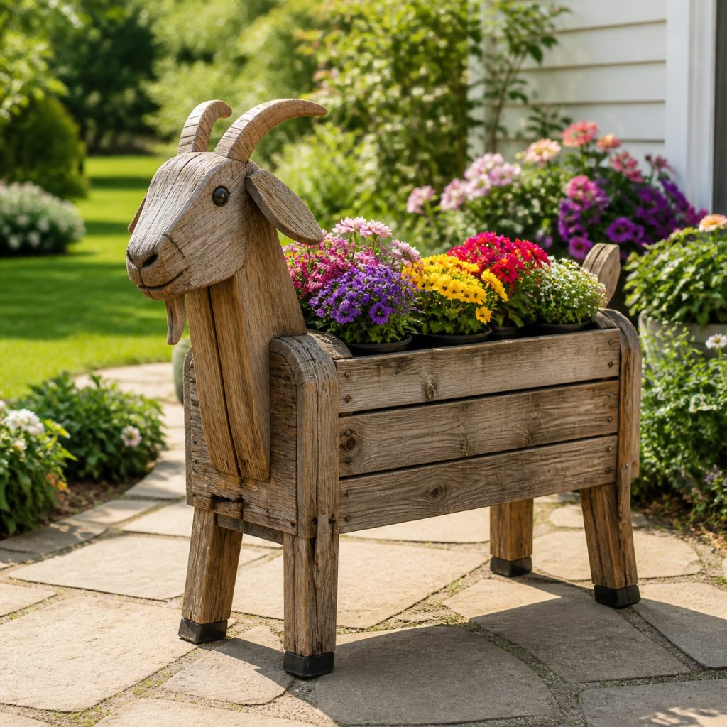 Weathered Cottage Goat shown as a square photorealistic cedar garden planter filled with cottage flowers