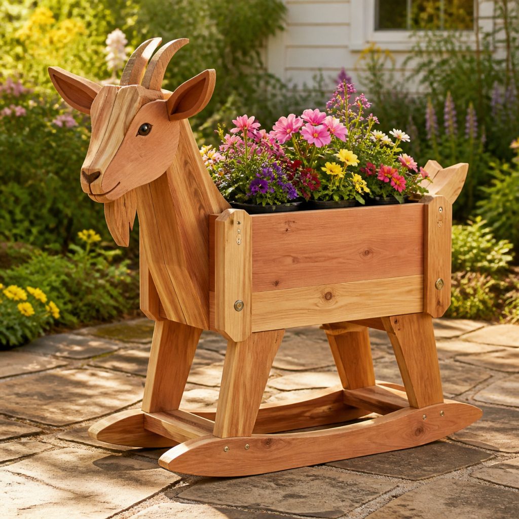 Young Kid on Base Rails shown as a square photorealistic cedar garden planter filled with cottage flowers