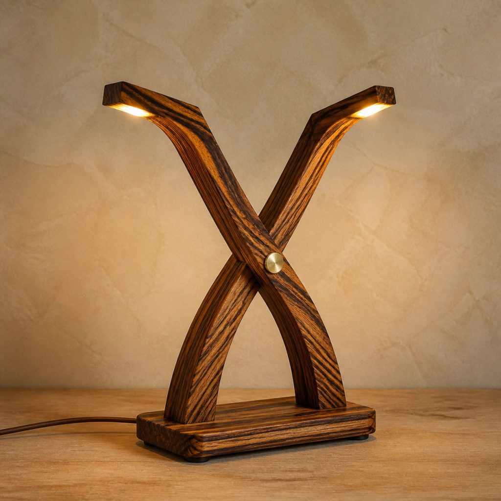 Goncalo Alves Crossed-Saber Lamp shown as an original square photorealistic goncalo alves lamp with natural orange-brown with dark tiger stripes grain, distinctive construction, and warm diffused light