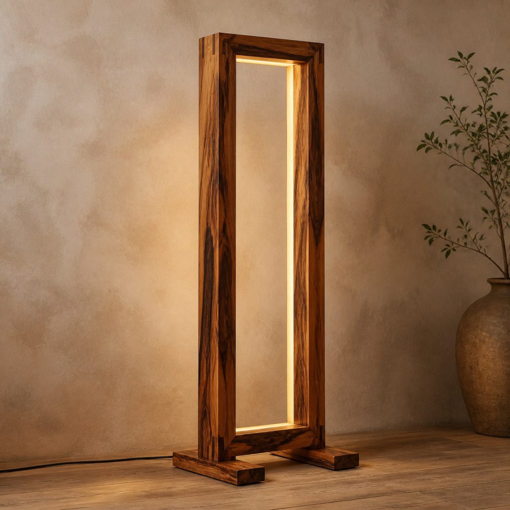 Goncalo Alves Rectangular-Halo Floor Lamp shown as an original square photorealistic goncalo alves lamp with natural orange-brown with dark tiger stripes grain, distinctive construction, and warm diffused light