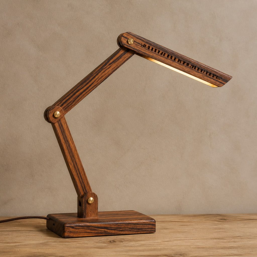 Goncalo Alves Articulated Double-Arm Desk Lamp shown as an original square photorealistic goncalo alves lamp with natural orange-brown with dark tiger stripes grain, distinctive construction, and warm diffused light