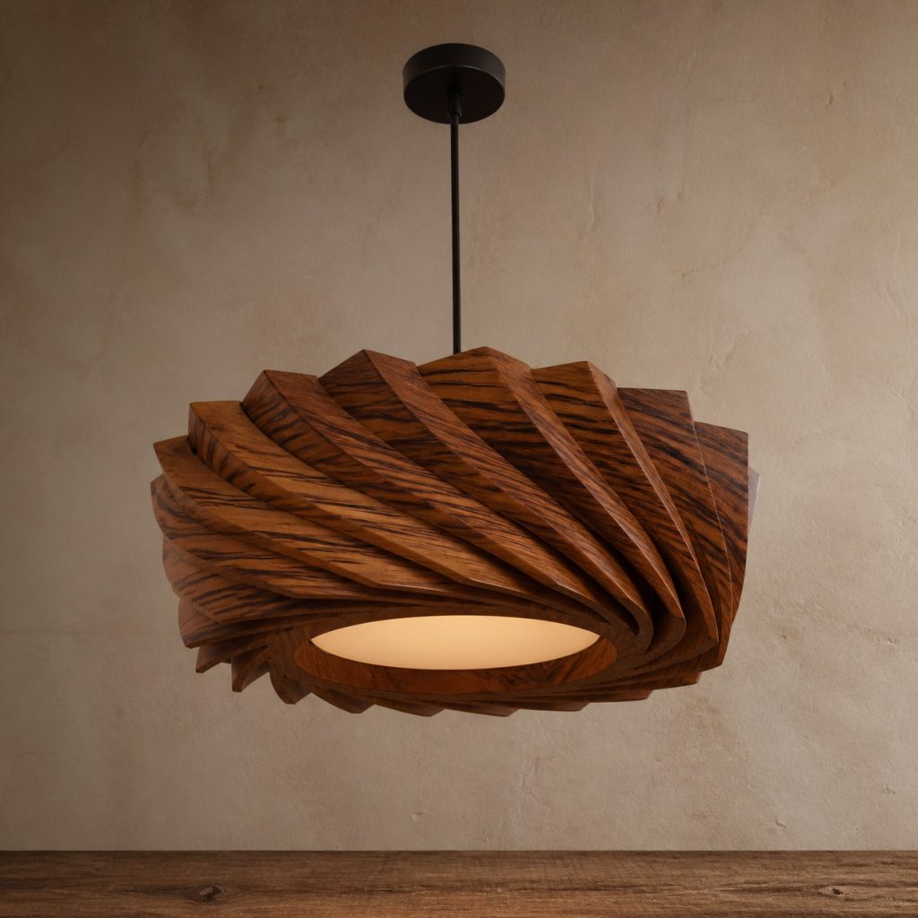 Goncalo Alves Layered-Turbine Pendant shown as an original square photorealistic goncalo alves lamp with natural orange-brown with dark tiger stripes grain, distinctive construction, and warm diffused light