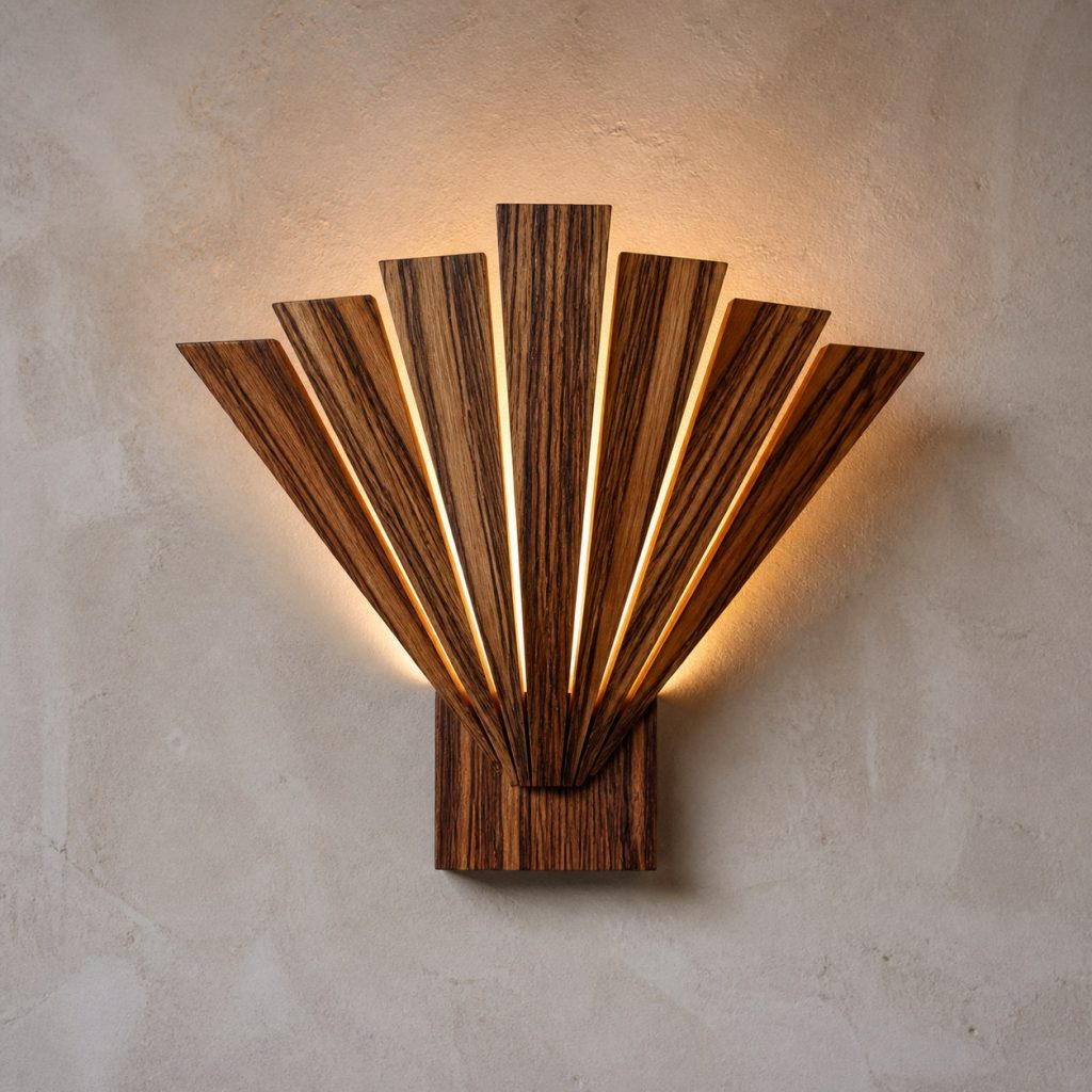 Goncalo Alves Fan-Tail Sconce shown as an original square photorealistic goncalo alves lamp with natural orange-brown with dark tiger stripes grain, distinctive construction, and warm diffused light