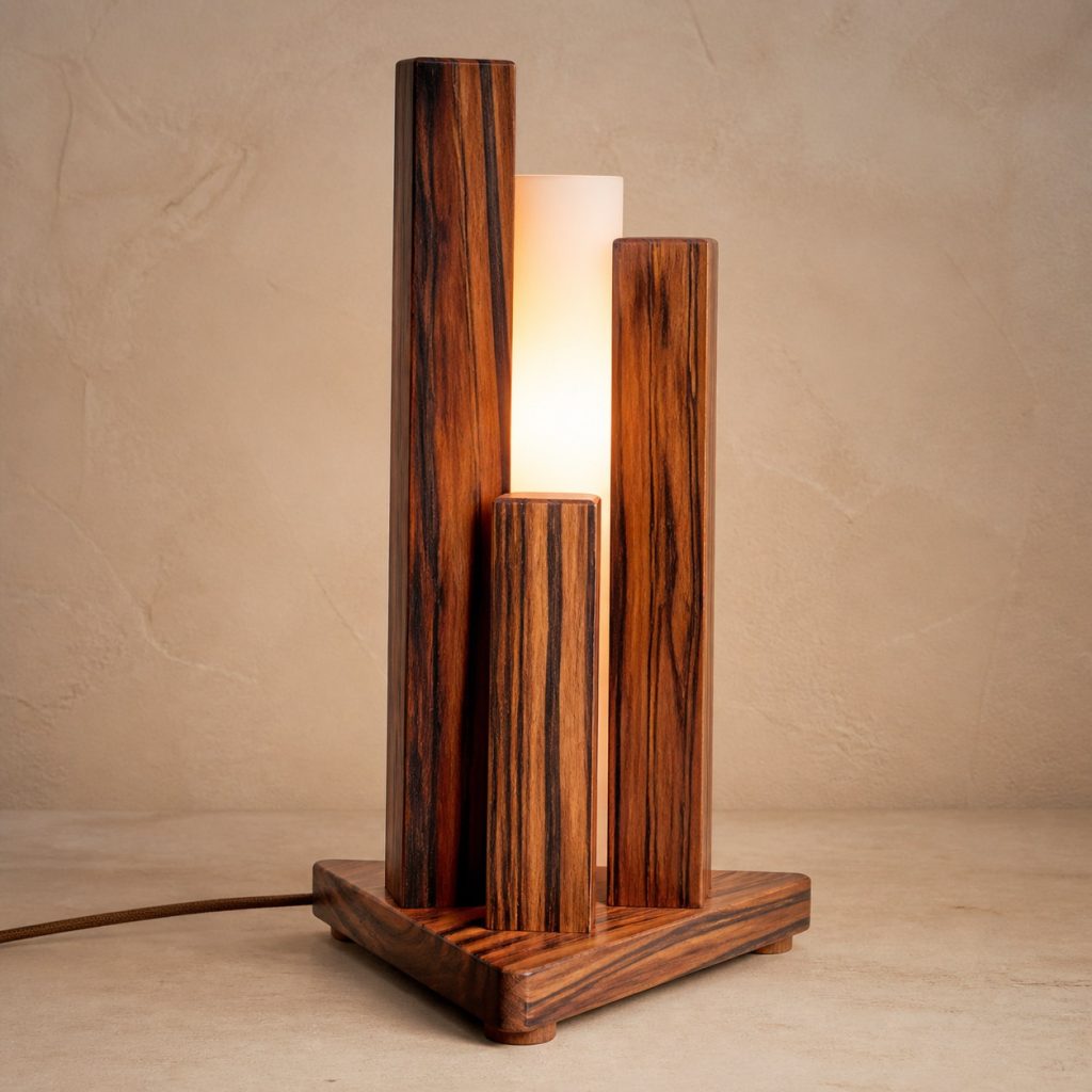 Goncalo Alves Three-Column Lamp shown as an original square photorealistic goncalo alves lamp with natural orange-brown with dark tiger stripes grain, distinctive construction, and warm diffused light