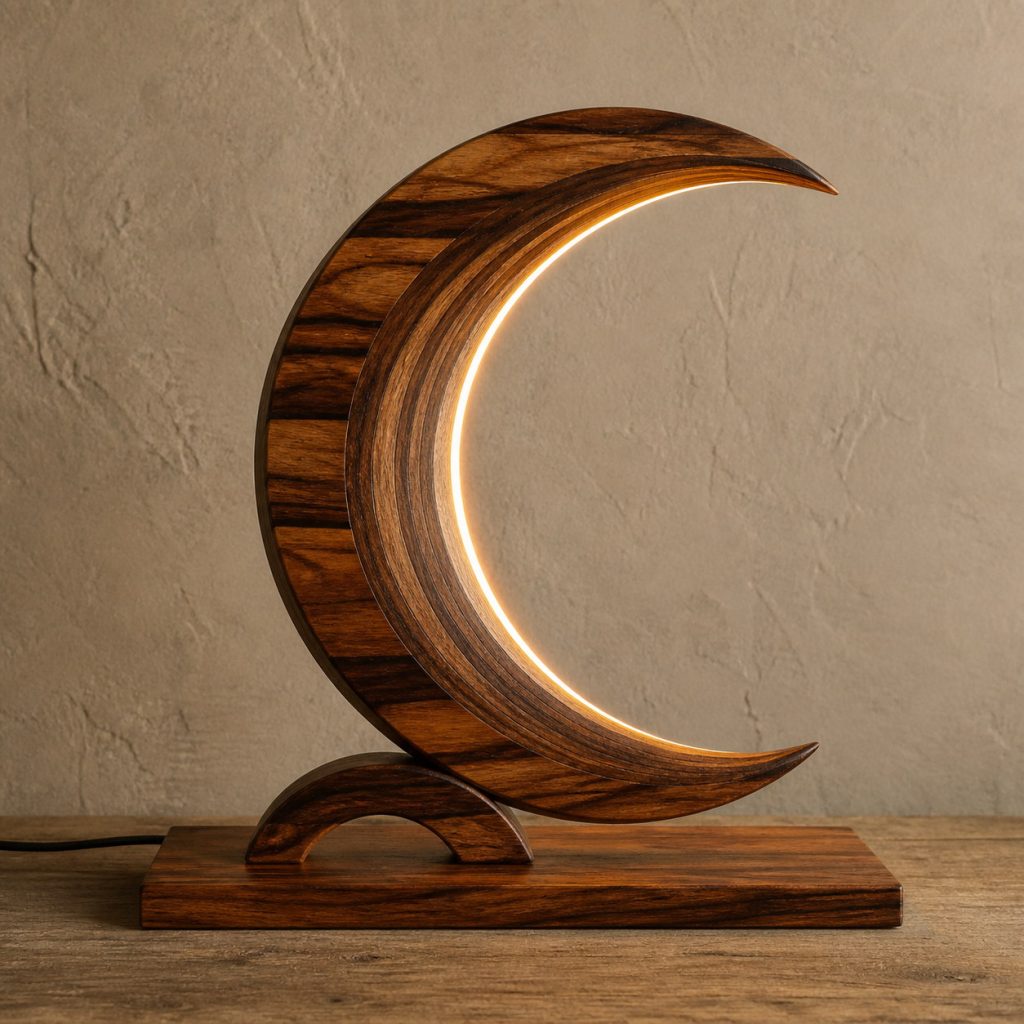 Goncalo Alves Segmented-Crescent Lamp shown as an original square photorealistic goncalo alves lamp with natural orange-brown with dark tiger stripes grain, distinctive construction, and warm diffused light