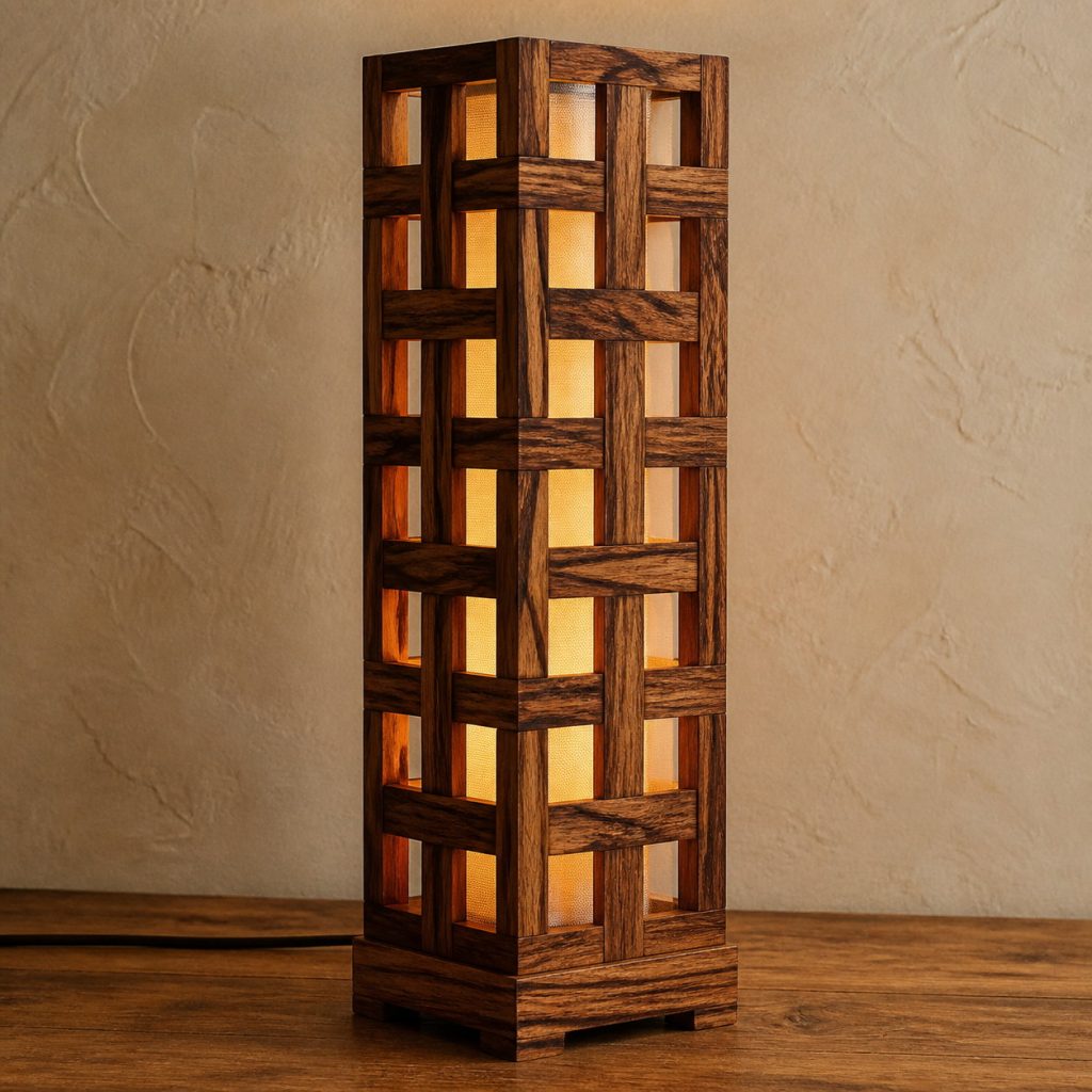 Goncalo Alves Woven-Grid Tower shown as an original square photorealistic goncalo alves lamp with natural orange-brown with dark tiger stripes grain, distinctive construction, and warm diffused light