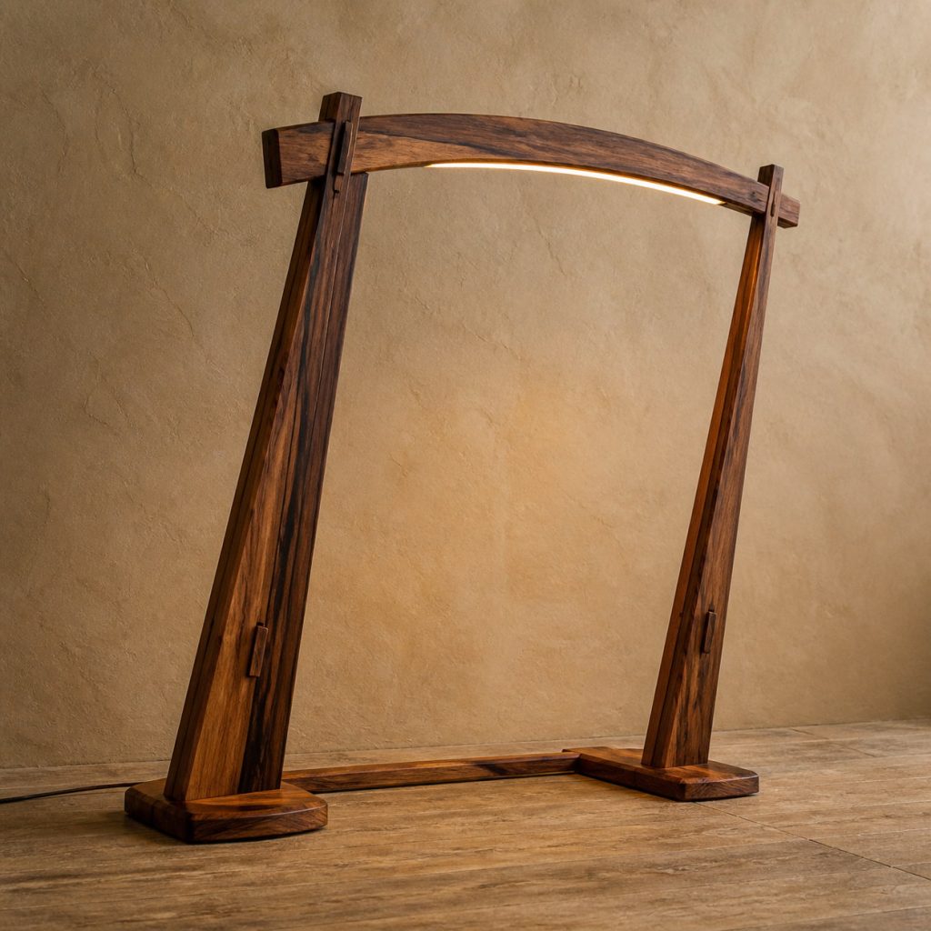 Goncalo Alves Asymmetric-Bridge Floor Lamp shown as an original square photorealistic goncalo alves lamp with natural orange-brown with dark tiger stripes grain, distinctive construction, and warm diffused light