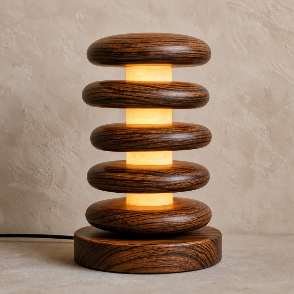 Goncalo Alves Stacked-Pebble Lamp shown as an original square photorealistic goncalo alves lamp with natural orange-brown with dark tiger stripes grain, distinctive construction, and warm diffused light