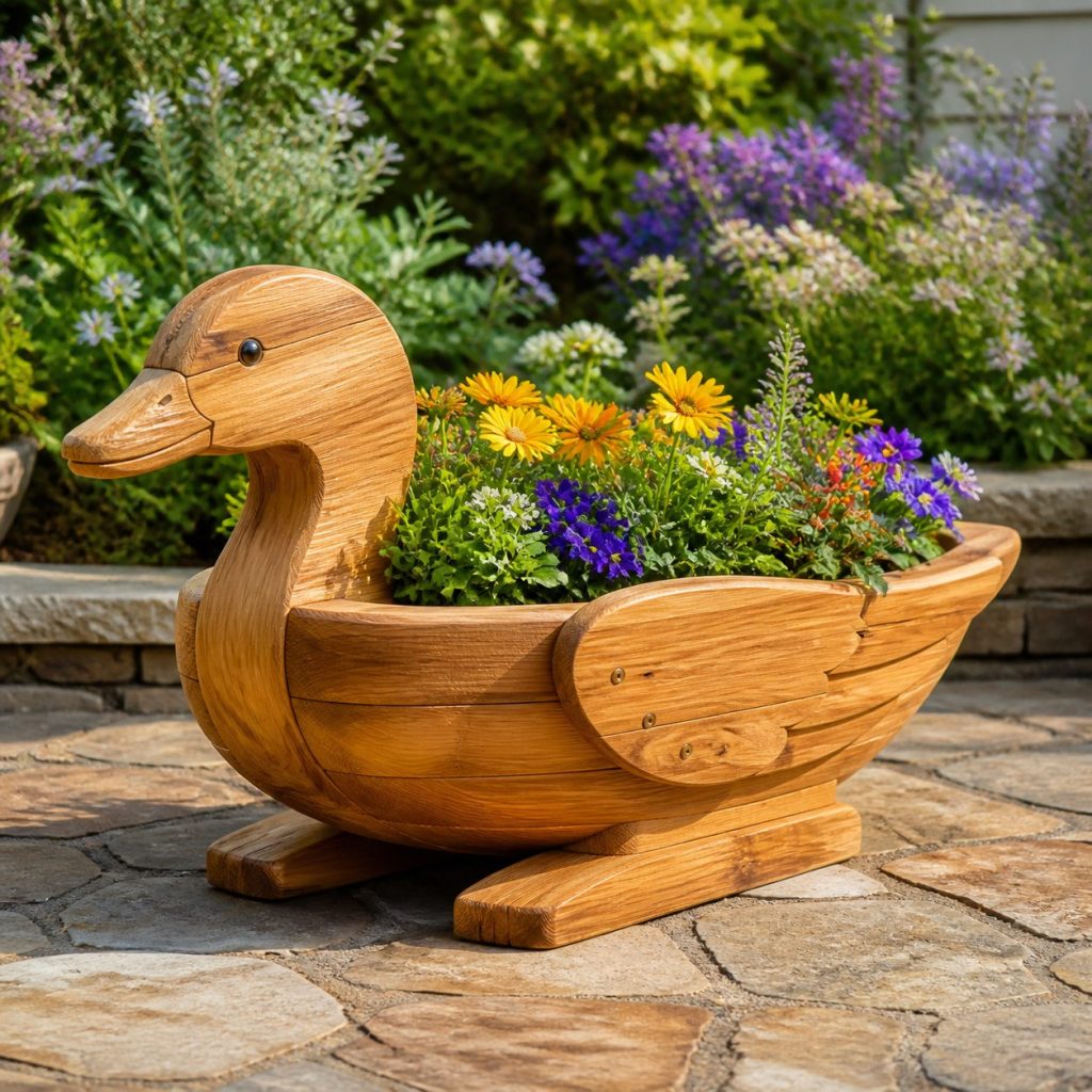Classic Curved-Neck Cedar Goose shown as a square photorealistic cedar goose-shaped garden planter filled with flowers