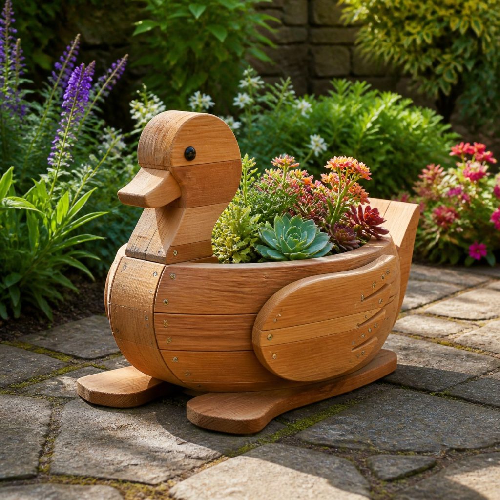 Compact Succulent Goose shown as a square photorealistic cedar goose-shaped garden planter filled with flowers