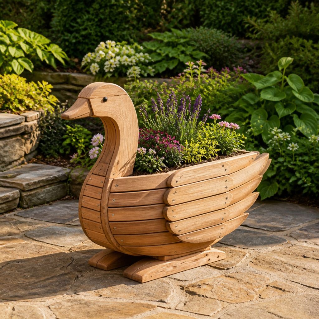 Slatted Herb-Trough Goose shown as a square photorealistic cedar goose-shaped garden planter filled with flowers