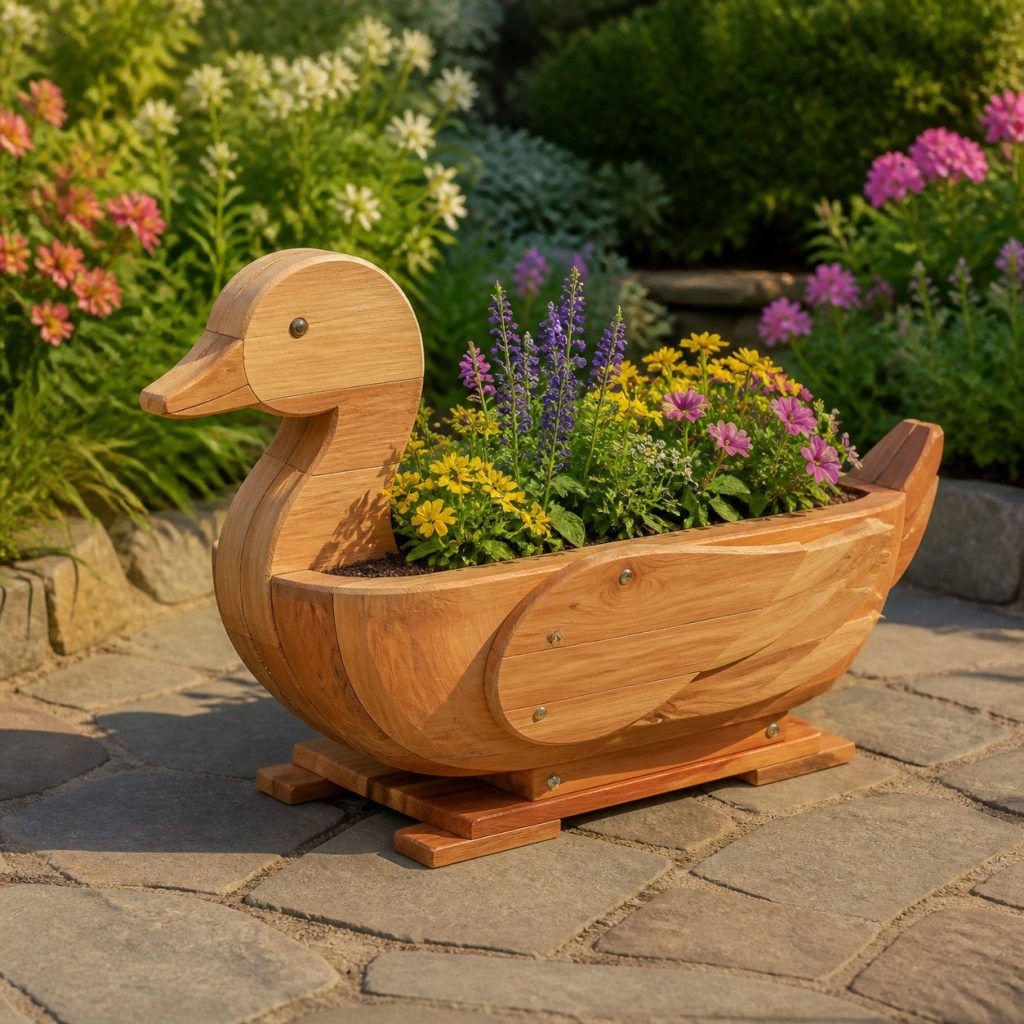 Goose with Galvanized Liner shown as a square photorealistic cedar goose-shaped garden planter filled with flowers