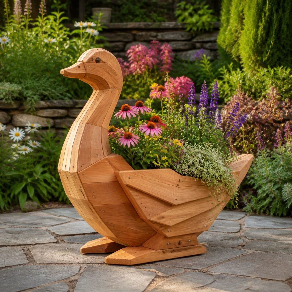 Modern Geometric Goose shown as a square photorealistic cedar goose-shaped garden planter filled with flowers