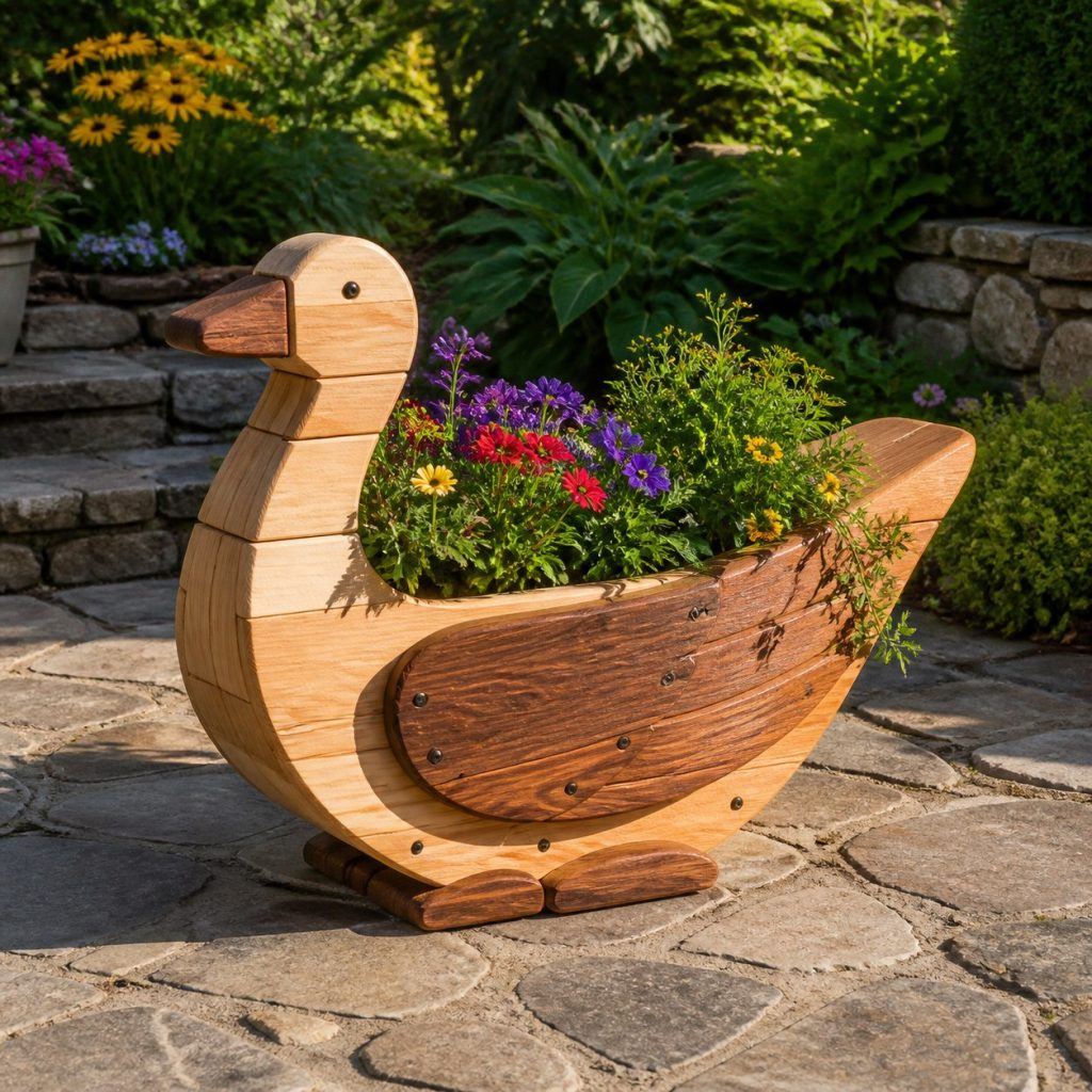 Two-Tone Cedar Goose shown as a square photorealistic cedar goose-shaped garden planter filled with flowers