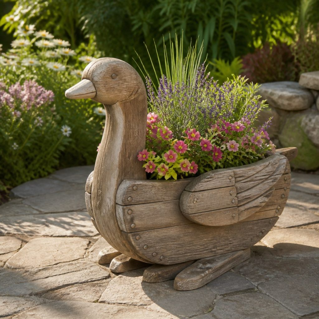 Weathered Cottage Goose shown as a square photorealistic cedar goose-shaped garden planter filled with flowers