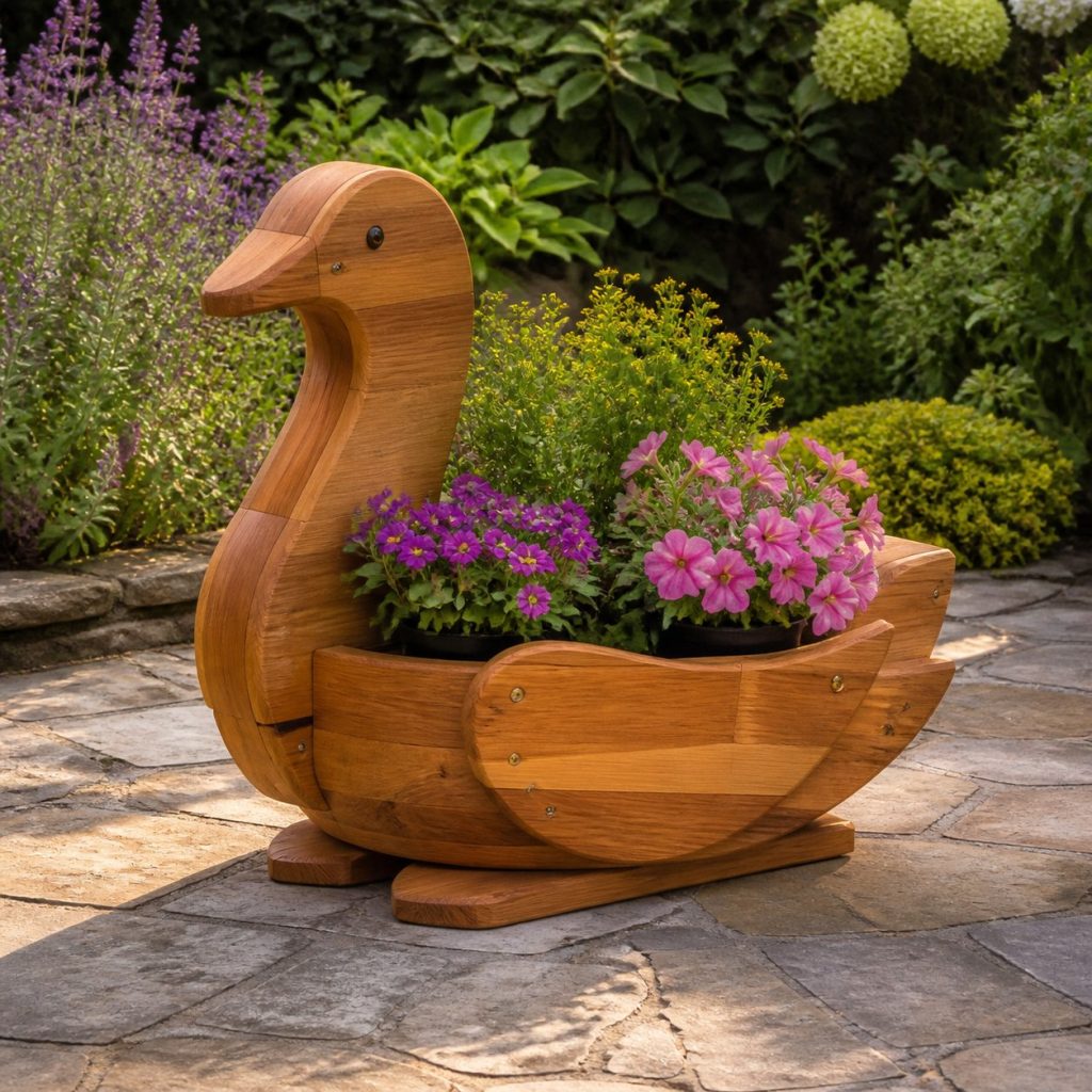 Goose with Twin Flower Pots shown as a square photorealistic cedar goose-shaped garden planter filled with flowers