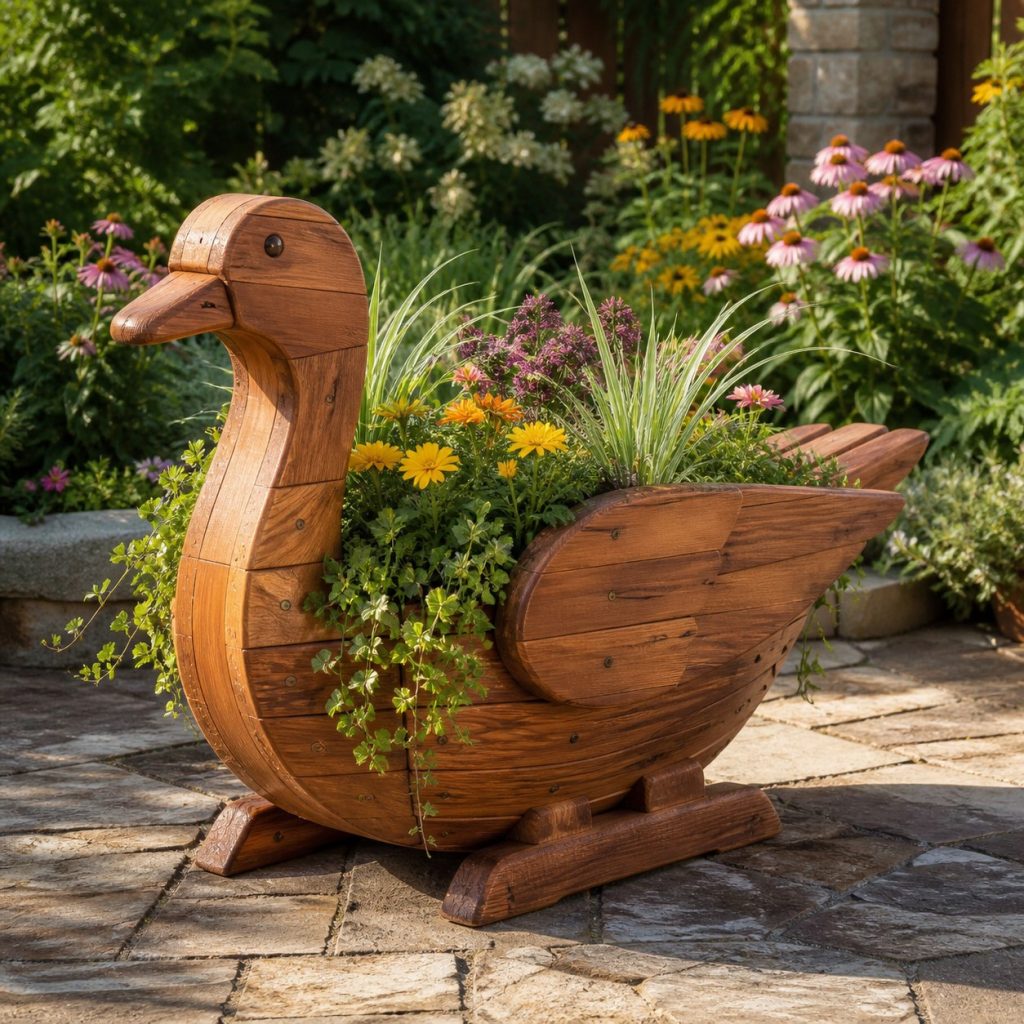 Trailing-Flower Goose shown as a square photorealistic cedar goose-shaped garden planter filled with flowers
