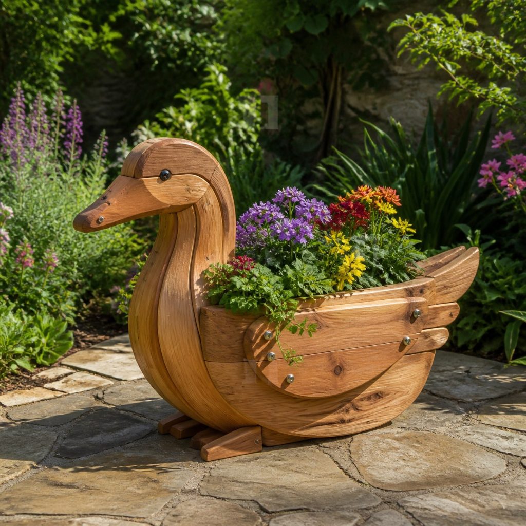 Large Grass-Filled Goose shown as a square photorealistic cedar goose-shaped garden planter filled with flowers