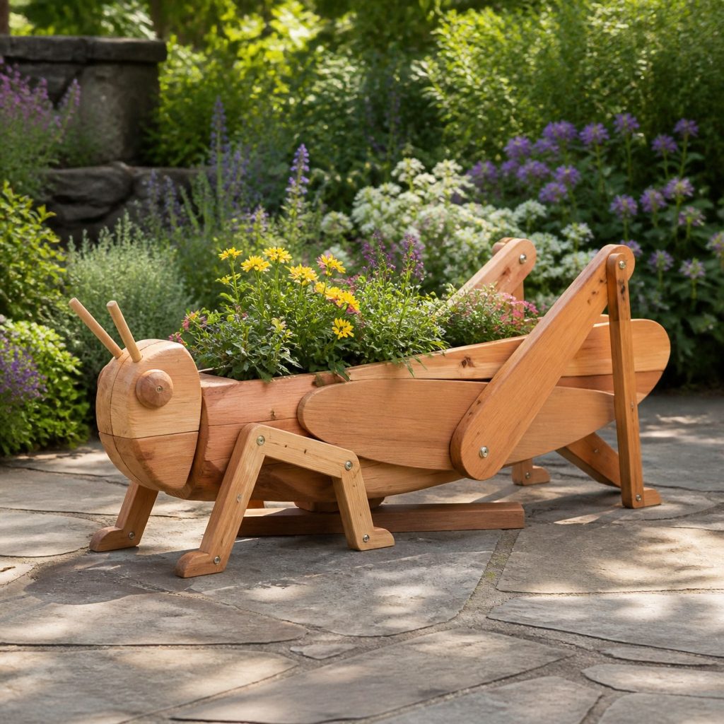 Classic Cedar Grasshopper shown as a square photorealistic cedar grasshopper-shaped garden planter filled with flowers