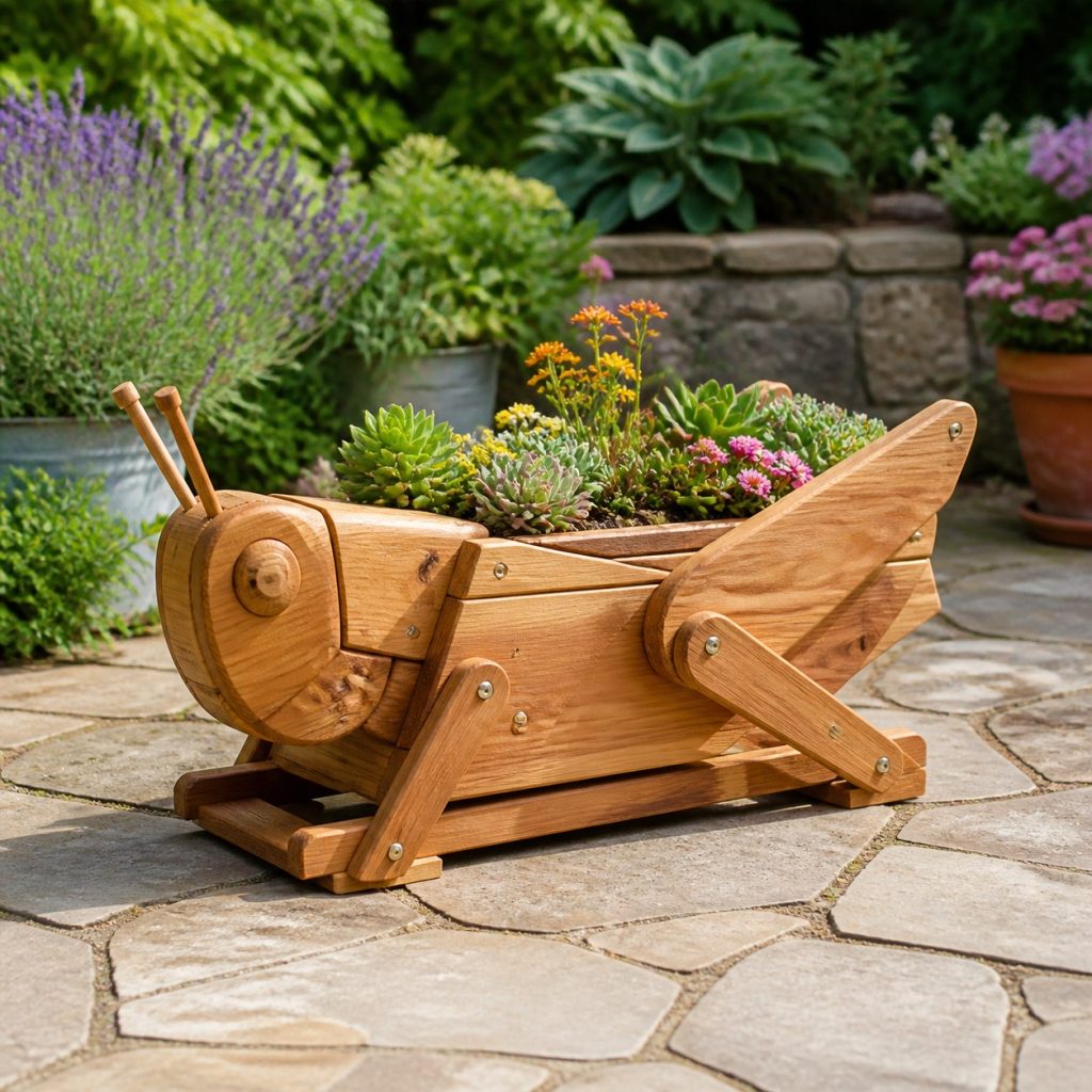 Compact Succulent Grasshopper shown as a square photorealistic cedar grasshopper-shaped garden planter filled with flowers