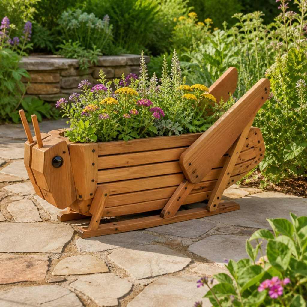 Slatted Herb-Trough Grasshopper shown as a square photorealistic cedar grasshopper-shaped garden planter filled with flowers