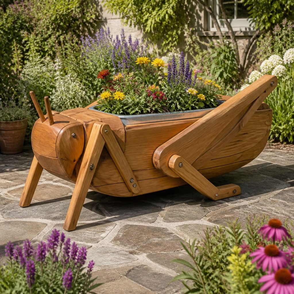 Grasshopper with Galvanized Liner shown as a square photorealistic cedar grasshopper-shaped garden planter filled with flowers