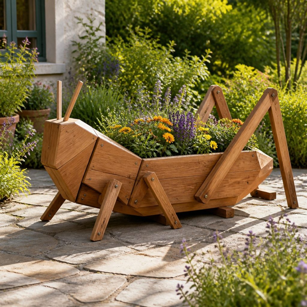 Modern Geometric Grasshopper shown as a square photorealistic cedar grasshopper-shaped garden planter filled with flowers
