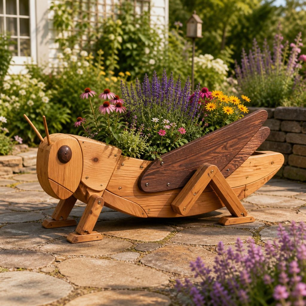 Two-Tone Cedar Grasshopper shown as a square photorealistic cedar grasshopper-shaped garden planter filled with flowers