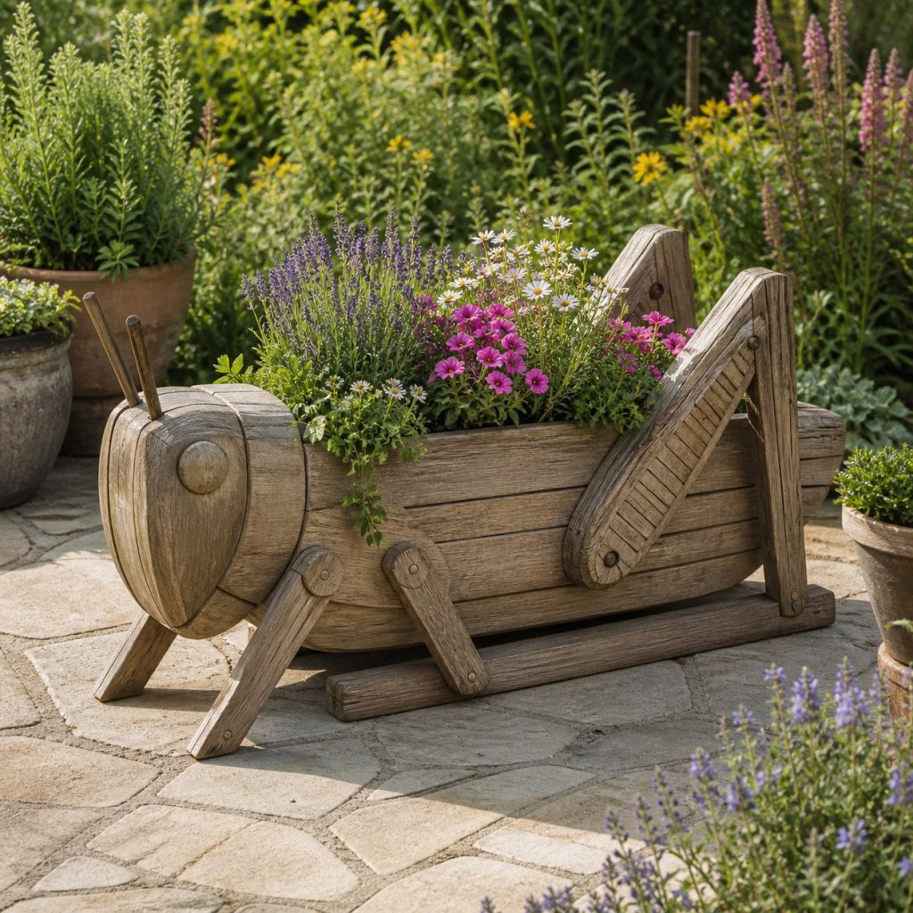Weathered Cottage Grasshopper shown as a square photorealistic cedar grasshopper-shaped garden planter filled with flowers