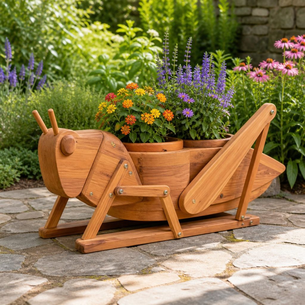 Grasshopper with Twin Flower Pots shown as a square photorealistic cedar grasshopper-shaped garden planter filled with flowers