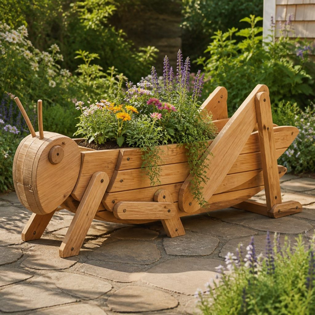 Trailing-Flower Grasshopper shown as a square photorealistic cedar grasshopper-shaped garden planter filled with flowers
