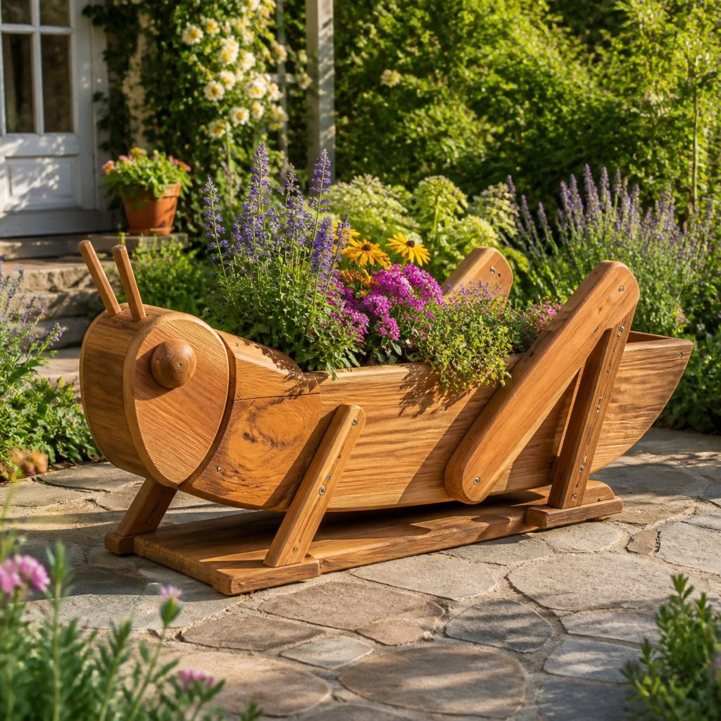 Large Grass-Filled Grasshopper shown as a square photorealistic cedar grasshopper-shaped garden planter filled with flowers