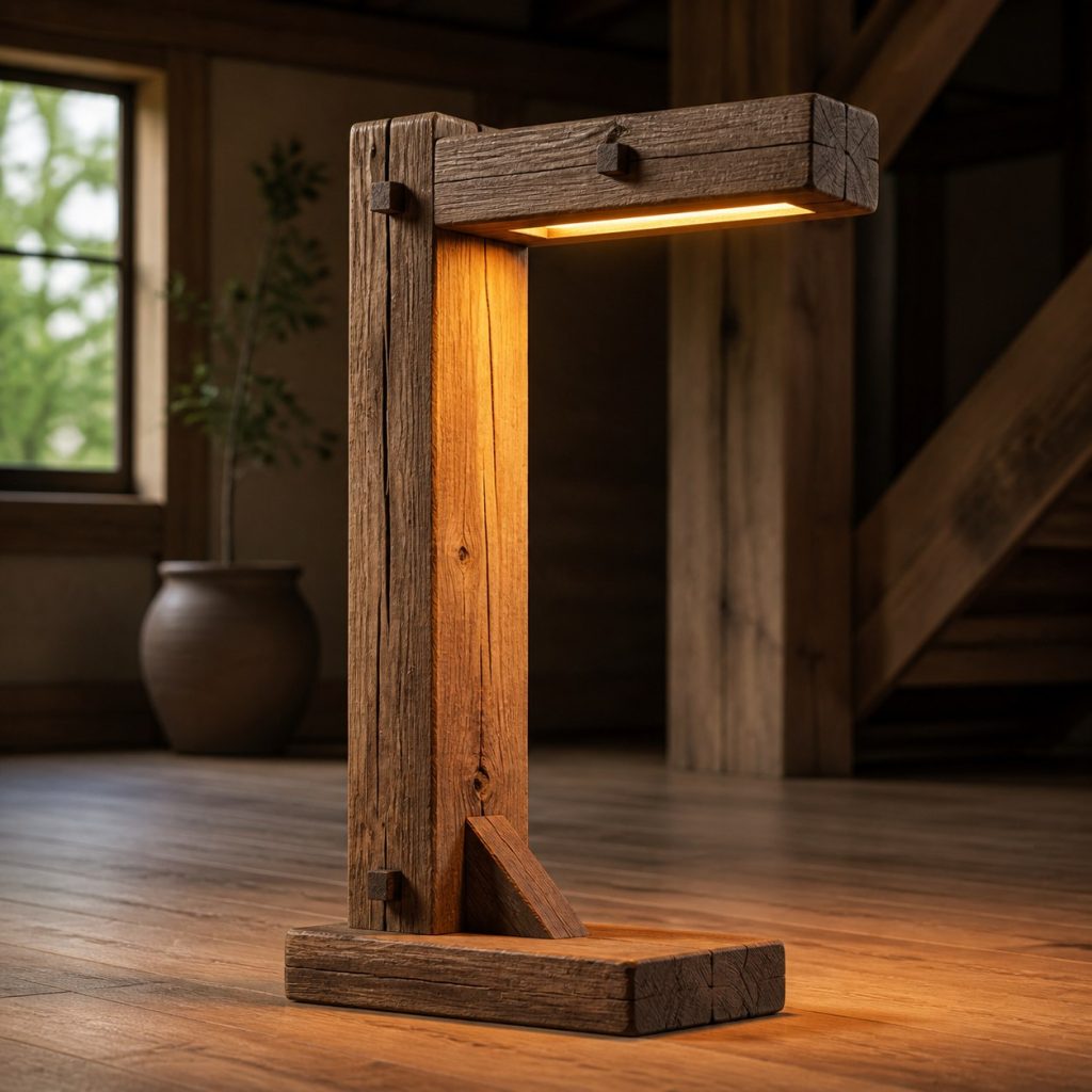 Hand-Hewn Chestnut C-Frame Lamp shown as an original square photorealistic hand-hewn timber beam lamp dominated by authentic wood texture and warm diffused light