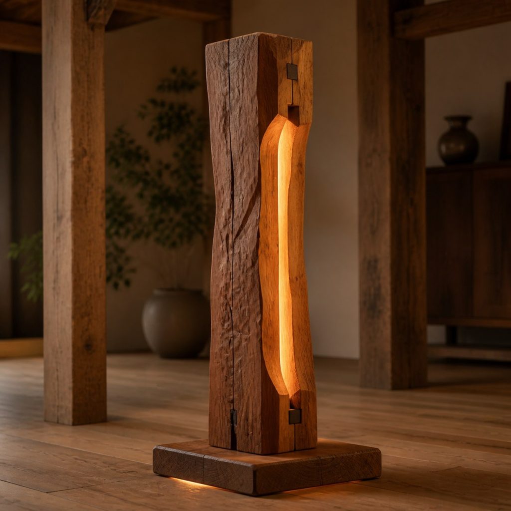 Hand-Hewn Cedar Post Lamp shown as an original square photorealistic hand-hewn timber beam lamp dominated by authentic wood texture and warm diffused light