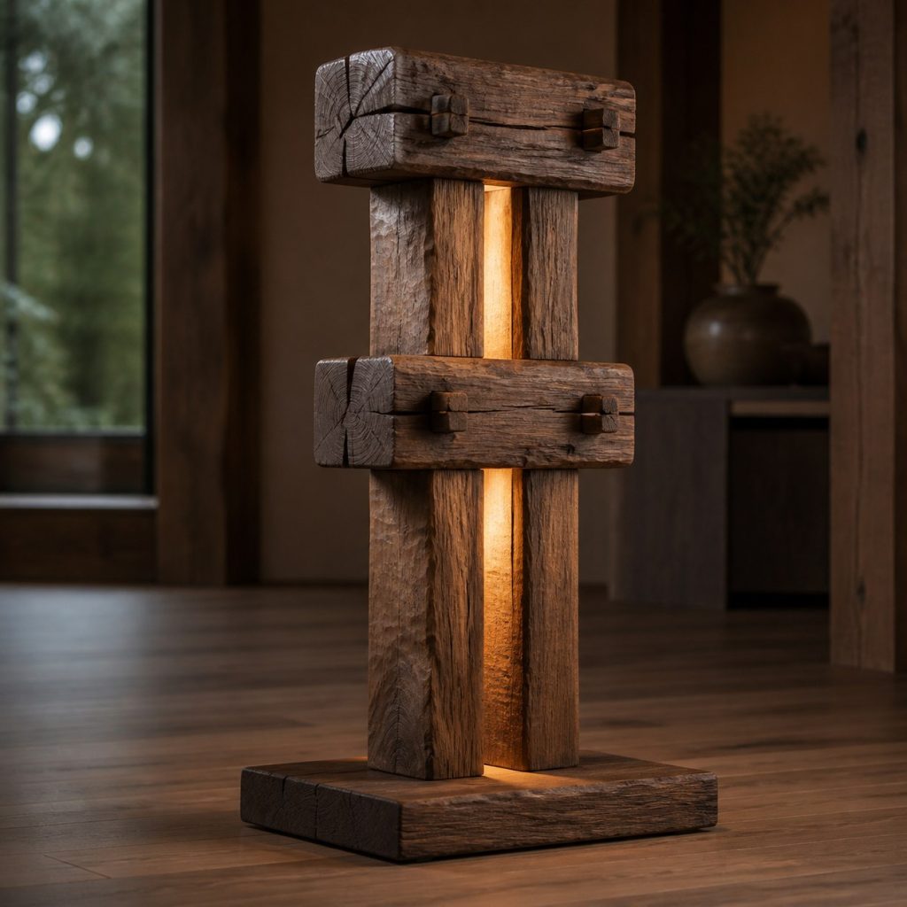 Hand-Hewn Walnut Split-Beam Lamp shown as an original square photorealistic hand-hewn timber beam lamp dominated by authentic wood texture and warm diffused light
