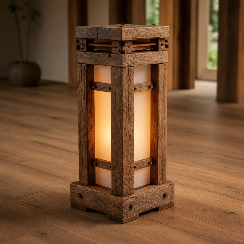 Hand-Hewn Elm Portal Lantern shown as an original square photorealistic hand-hewn timber beam lamp dominated by authentic wood texture and warm diffused light