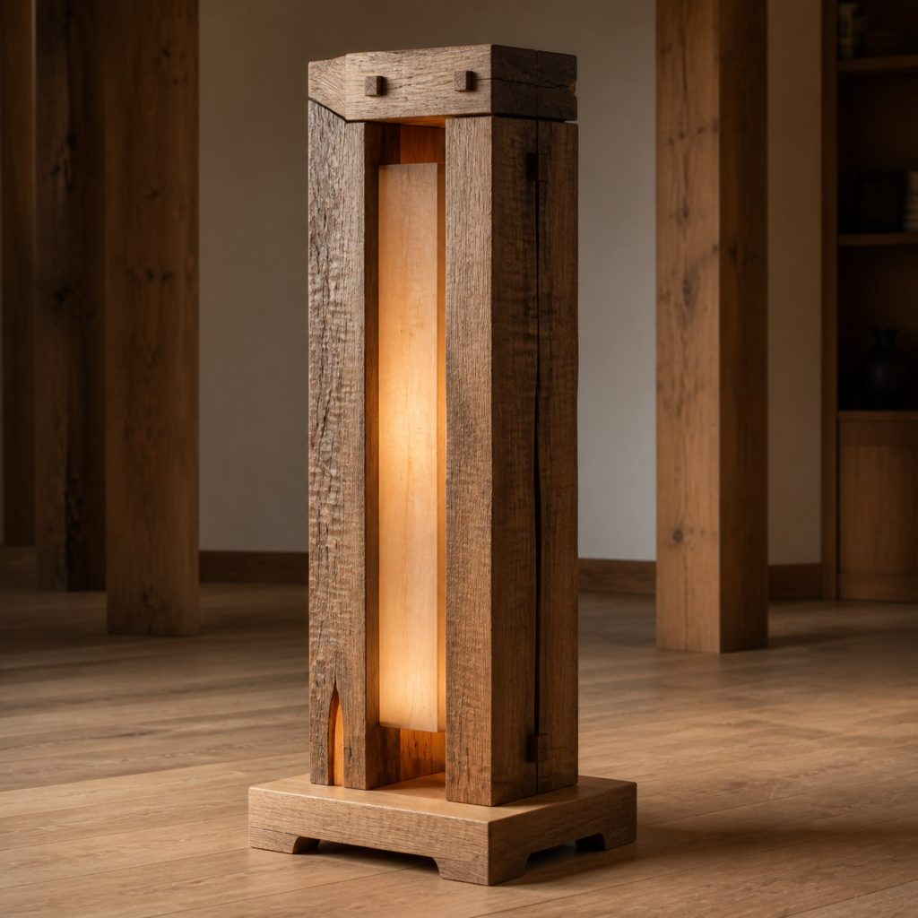 Hand-Hewn Oak and Maple Lamp shown as an original square photorealistic hand-hewn timber beam lamp dominated by authentic wood texture and warm diffused light