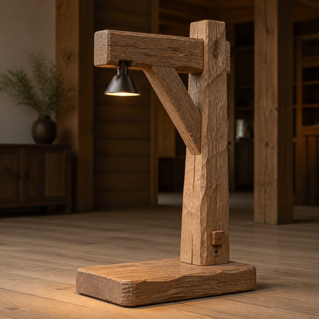 Hand-Hewn Ash Cantilever Lamp shown as an original square photorealistic hand-hewn timber beam lamp dominated by authentic wood texture and warm diffused light