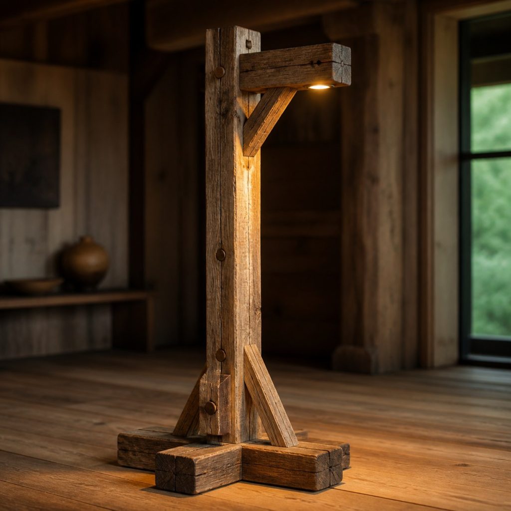 Hand-Hewn Barn-Beam Floor Lamp shown as an original square photorealistic hand-hewn timber beam lamp dominated by authentic wood texture and warm diffused light