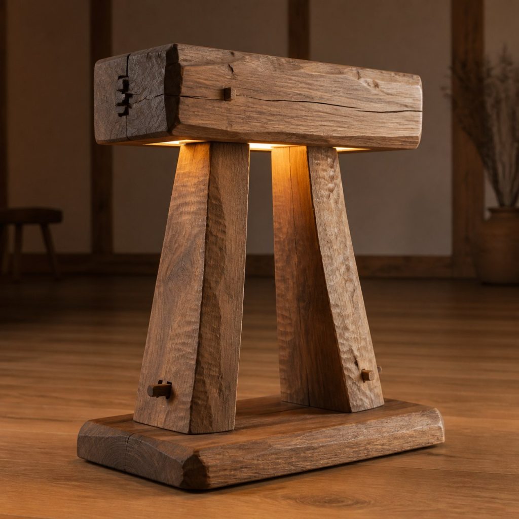 Hand-Hewn Timber Trestle Lamp shown as an original square photorealistic hand-hewn timber beam lamp dominated by authentic wood texture and warm diffused light