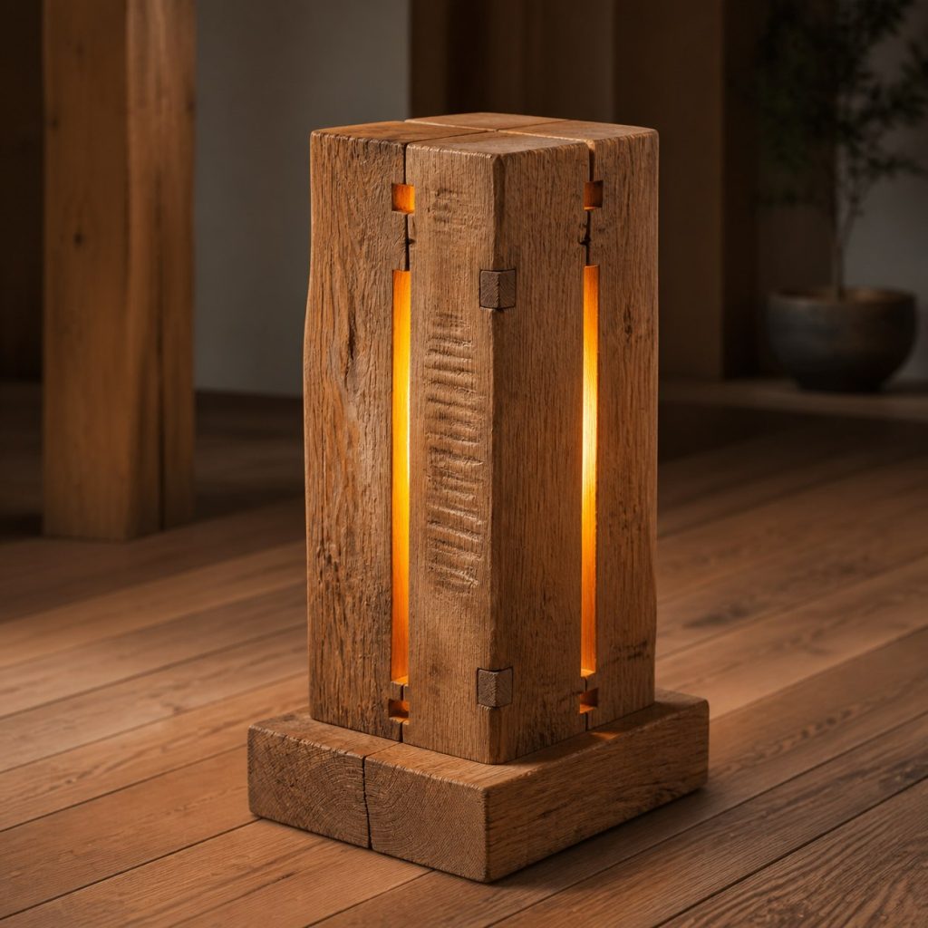 Hand-Hewn Oak Block Lantern shown as an original square photorealistic hand-hewn timber beam lamp dominated by authentic wood texture and warm diffused light
