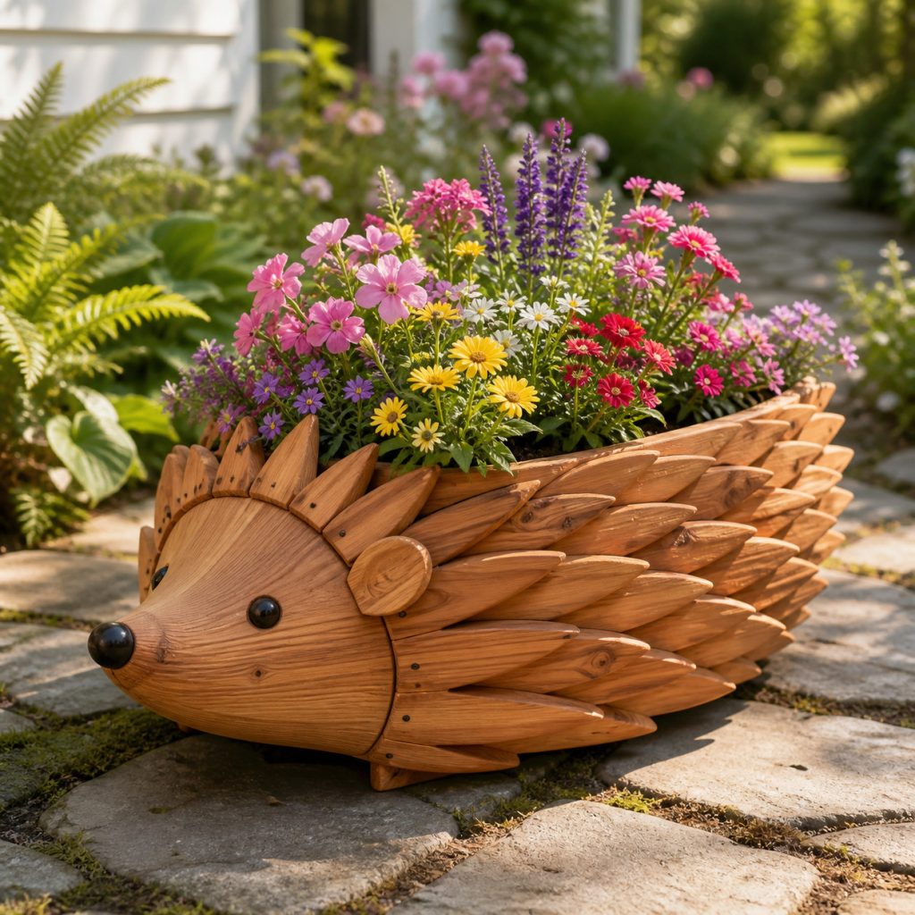 Classic Layered-Quill Hedgehog shown as a square photorealistic cedar garden planter filled with cottage flowers