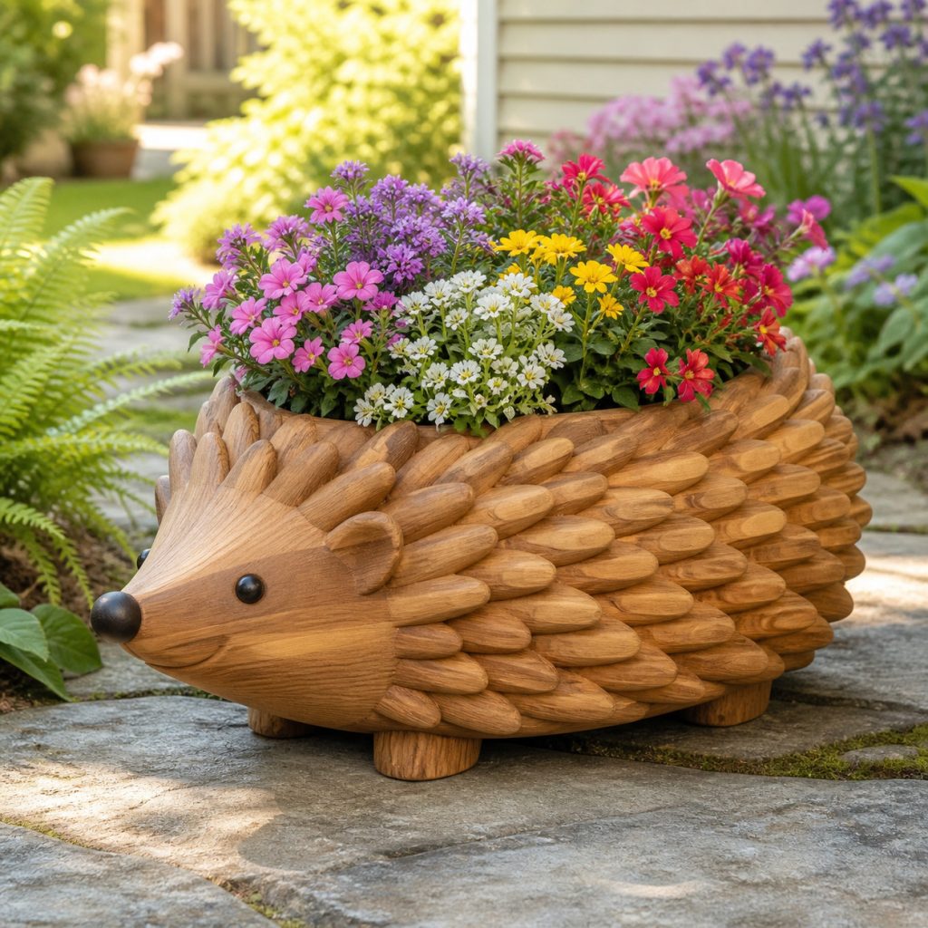 Compact Rounded Hedgehog Pot shown as a square photorealistic cedar garden planter filled with cottage flowers