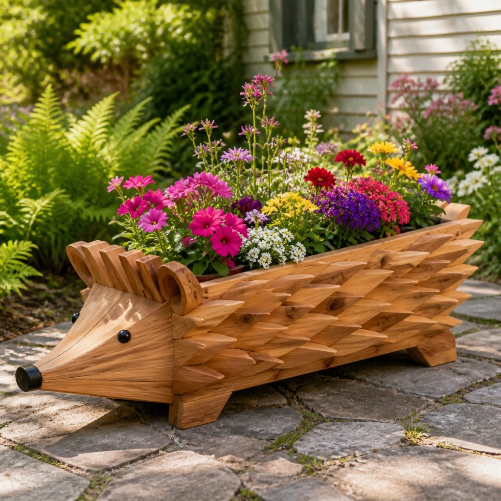 Long Woodland Hedgehog Planter shown as a square photorealistic cedar garden planter filled with cottage flowers