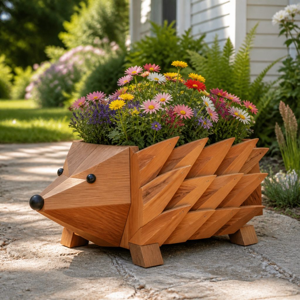 Geometric Cedar Hedgehog shown as a square photorealistic cedar garden planter filled with cottage flowers