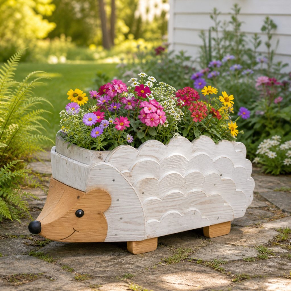 Whitewashed Cottage Hedgehog shown as a square photorealistic cedar garden planter filled with cottage flowers