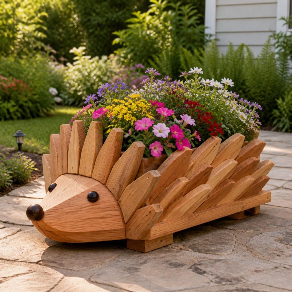 Raised-Quill Flower Trough shown as a square photorealistic cedar garden planter filled with cottage flowers